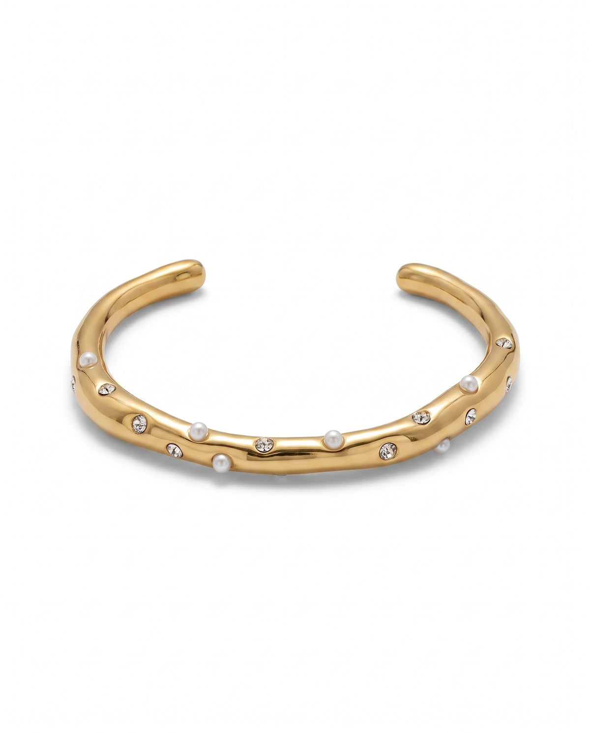 Brazalete Metálico Dorado Perlas Cristales